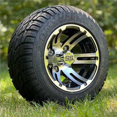 10" Bulldog Black/Machined Aluminum Golf Cart Wheels and 205/50-10 Golf Cart Tires