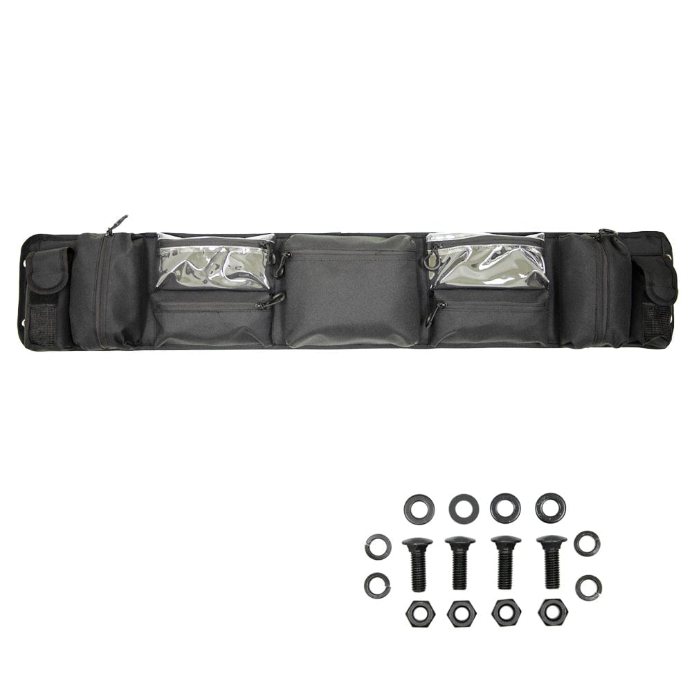 Black tool roll with clear panels and additional black bolts on a white background