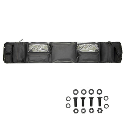 Black tool roll with clear panels and additional black bolts on a white background