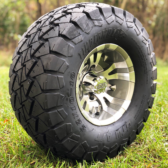 10" Vampire Gunmetal and Machined Aluminum Golf Cart Wheels and 22" DOT All Terrain Trail Tires Combo - Set of 4