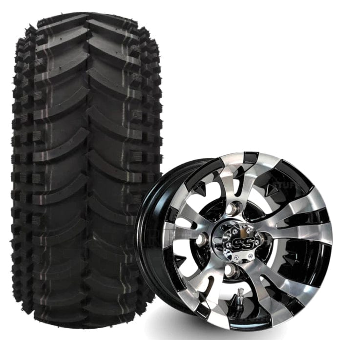 10" Vampire Black/Machined Aluminum Golf Cart Wheels and 22x11-10 Directional All Terrain Off Road Golf Cart Tires Combo - Set of 4