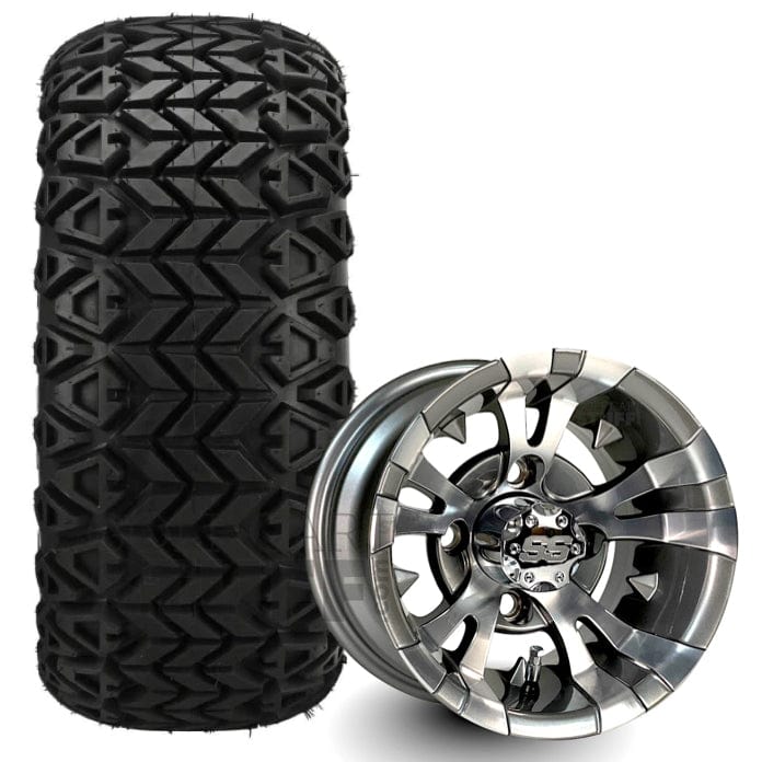 10" Vampire Gunmetal and Machined Aluminum Golf Cart Wheels and 22" DOT All Terrain Trail Tires Combo - Set of 4