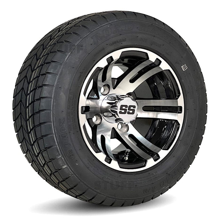 10" Bulldog Black/Machined Aluminum Golf Cart Wheels and 205/50-10 DOT Street/Turf Golf Cart Tires Combo - Set of 4