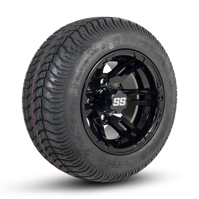 10" Bulldog Gloss Black Aluminum Golf Cart Wheels and 205/50-10 DOT Street/Turf Golf Cart Tires Combo - Set of 4