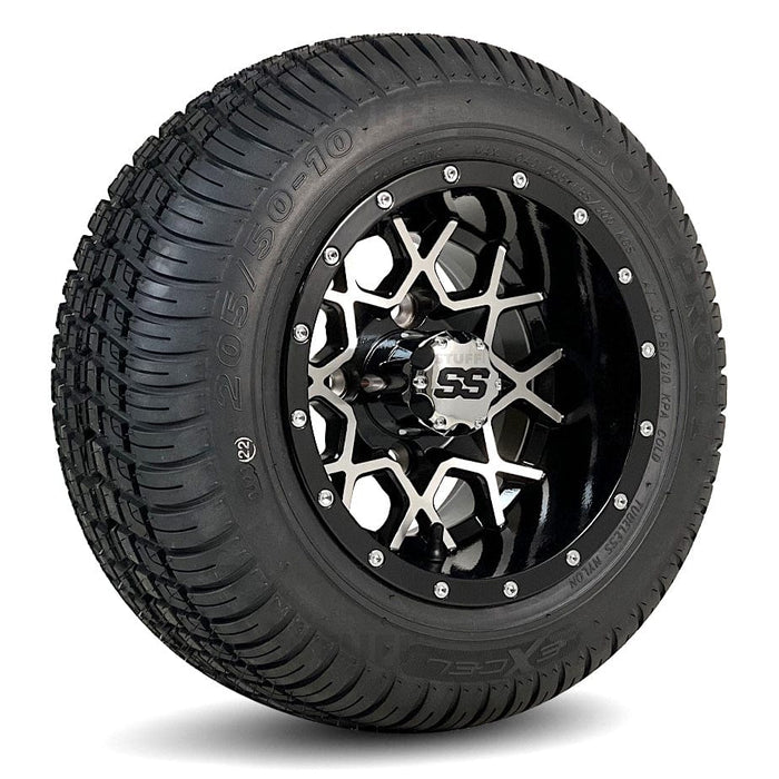 10" Matrix Black/Machined Aluminum Golf Cart Wheels and 205/50-10 DOT Street/Turf Golf Cart Tires Combo - Set of 4 (Choose your tire!)