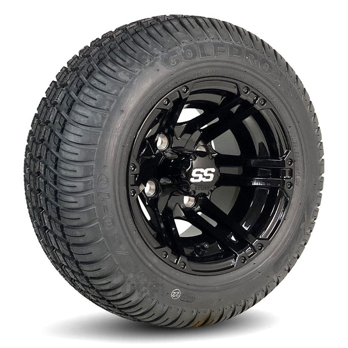 10" Terminator Gloss Black Aluminum Golf Cart Wheels and 205/50-10 DOT Street/Turf Golf Cart Tires Combo - Set of 4 (Choose your tire!)