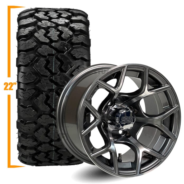 12" Rally Gunmetal Gray/Machined Golf Cart Wheels and All Terrain Tires Combo - Set of 4