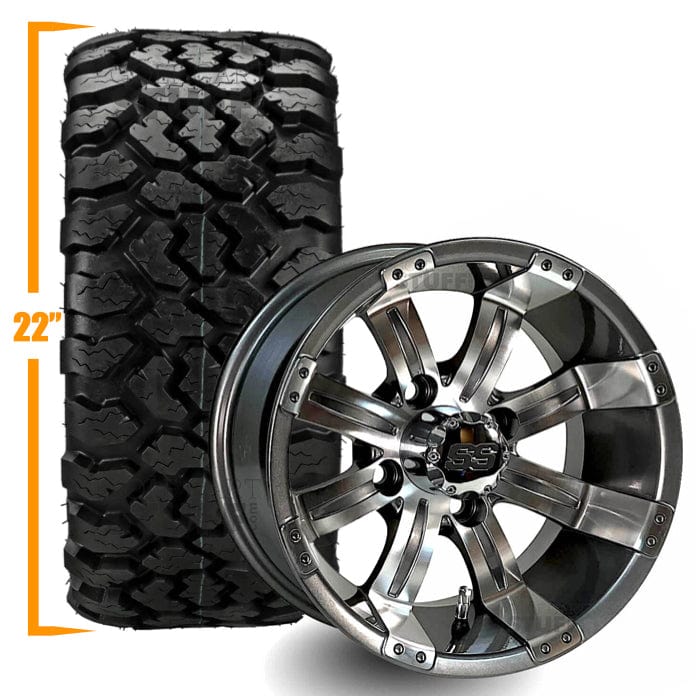 12" Tempest Gunmetal & Machined Aluminum Golf Cart Wheels and 22x11R-12 GTW Nomad DOT All Terrain Extreme Golf Cart Tires - Set of 4
