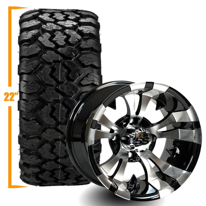 12" Vampire Black/ Machined Aluminum Golf Cart Wheels and 22x11R-12 GTW Nomad DOT All Terrain Extreme Golf Cart Tires - Set of 4