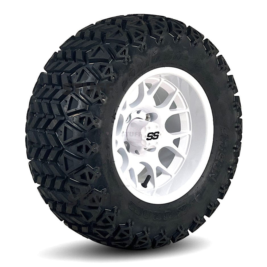 12" Alpha Gloss White Golf Cart Wheels and All Terrain Tires Combo S