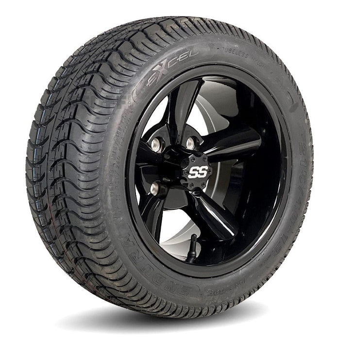 12" Godfather Gloss Black Golf Cart Wheels and DOT Approved Street Turf Tires Combo - Set of 4