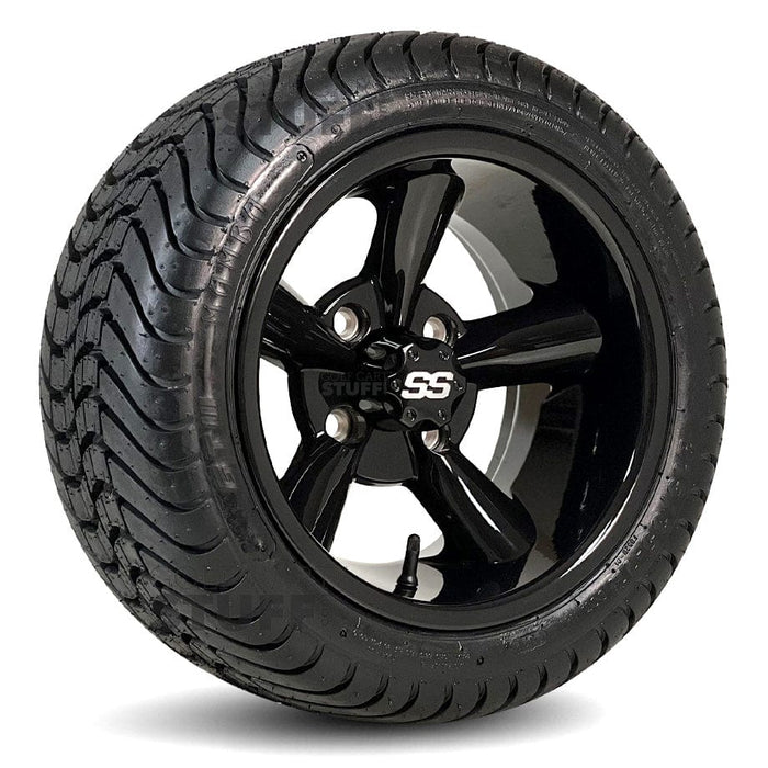 12" Godfather Gloss Black Golf Cart Wheels and DOT Approved Street Turf Tires Combo - Set of 4