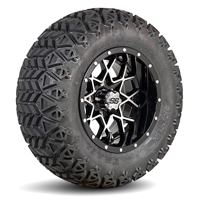 12" Matrix SS Wheels in Black and Machined Aluminum Finish and 23" All-Terrain Off-Road Arisun X-Trail Tires Combo- Set of 4