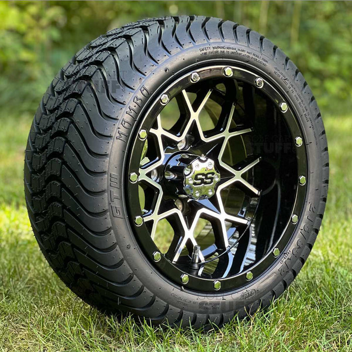 12" Matrix Aluminum SS Wheels in Black and Machined Aluminum Finish and 215/35-12 Low-Profile Arisun Cruze Turf Tires Combo - Set of 4