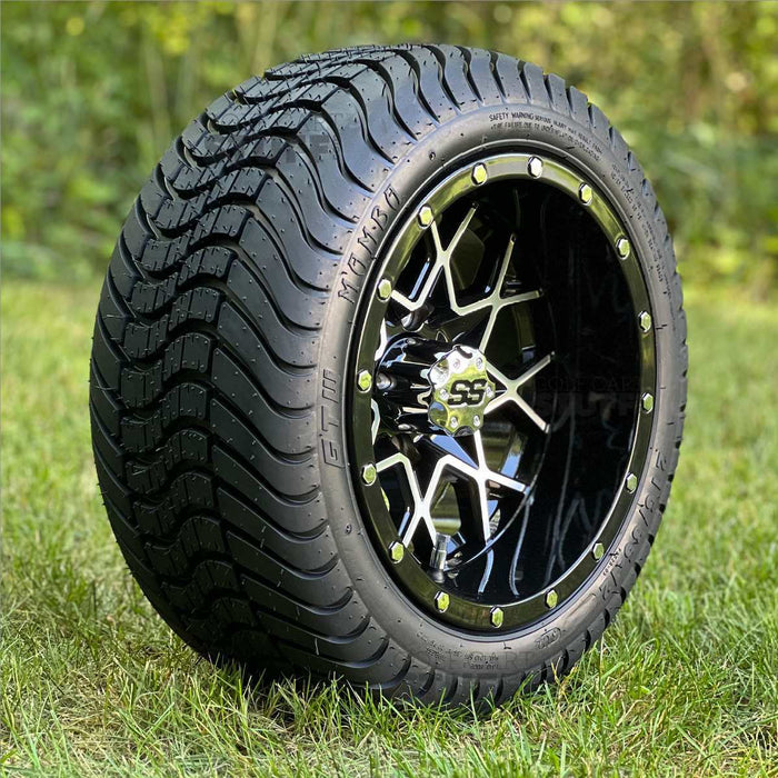12" Matrix Aluminum SS Wheels in Black and Machined Aluminum Finish and 215/35-12 Low-Profile Arisun Cruze Turf Tires Combo - Set of 4