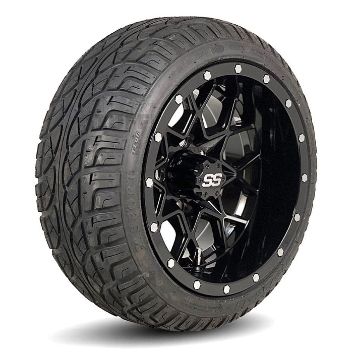 12" Matrix Gloss Black Golf Cart Wheels and DOT Approved Street Turf Tires Combo - Set of 4