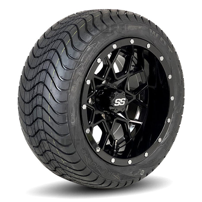 12" Matrix Gloss Black Golf Cart Wheels and DOT Approved Street Turf Tires Combo - Set of 4