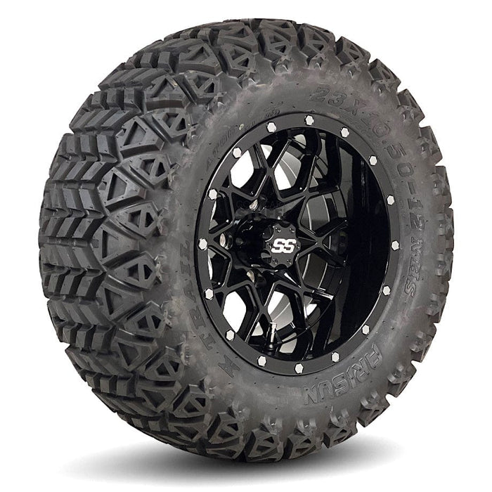 12" Matrix SS Wheels in Gloss Black Finish and 23" All-Terrain Off-Road Arisun X-Trail Tires Combo- Set of 4