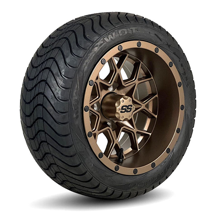 12" Matrix Matte Bronze Aluminum Golf Cart Wheels and Low-Profile DOT Approved Street & Turf Tires Combo - Set of 4