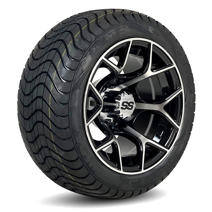 12" Rally Black/Machined Golf Cart Wheels and DOT Approved Street Turf Tires Combo - Set of 4