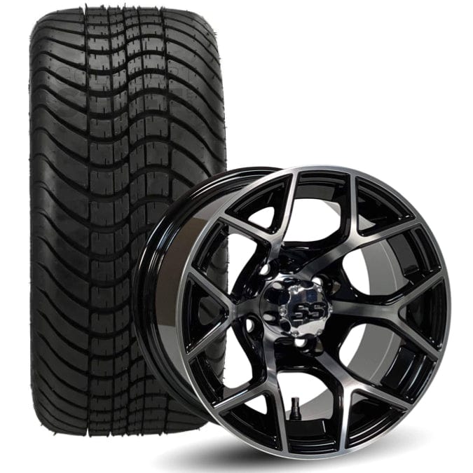 12" Rally Black/Machined Golf Cart Wheels and DOT Approved Street Turf Tires Combo - Set of 4