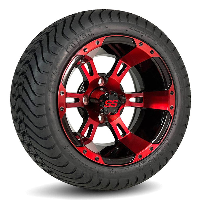 12" Stallion Ruby Red & Black Aluminum GCS™ Colorway Golf Cart Wheels and Street/Turf DOT Approved Golf Cart Tires Combo - Set of 4 (18" or 23" tall)