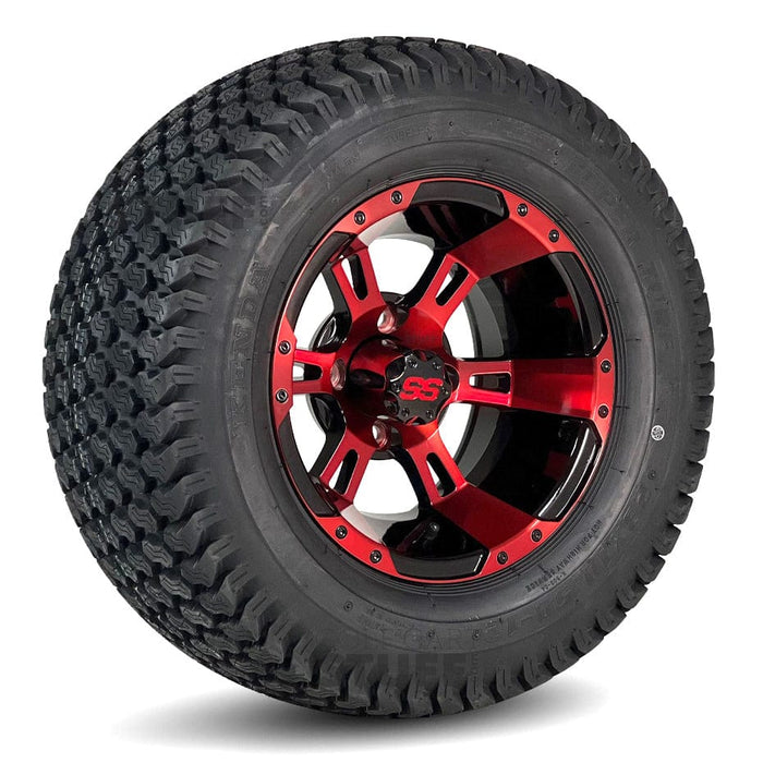 12" Stallion Ruby Red & Black Aluminum GCS™ Colorway Golf Cart Wheels and All Terrain/Off-Road Golf Cart Tires Combo - Set of 4 (18" or 25" tall)