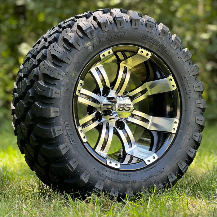 12" Tempest Black/Machined Aluminum Golf Cart Wheels and 22x11R-12 GTW Nomad DOT All Terrain Extreme Golf Cart Tires - Set of 4