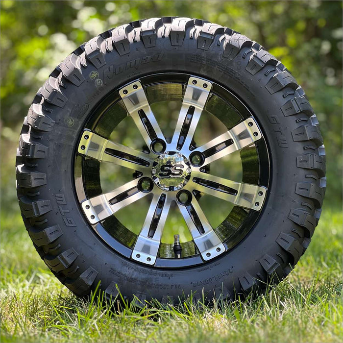 12" Tempest Black/Machined Aluminum Golf Cart Wheels and 22x11R-12 GTW Nomad DOT All Terrain Extreme Golf Cart Tires - Set of 4