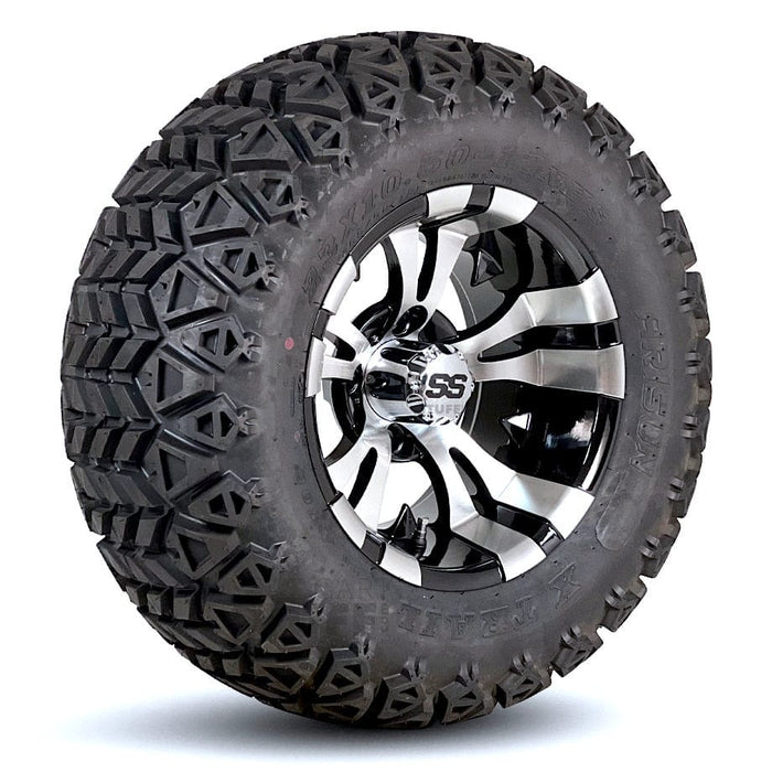 12" Vampire Black and Machined Aluminum Golf Cart Wheels and 23" DOT Approved All-Terrain Tires Combo- Set of 4