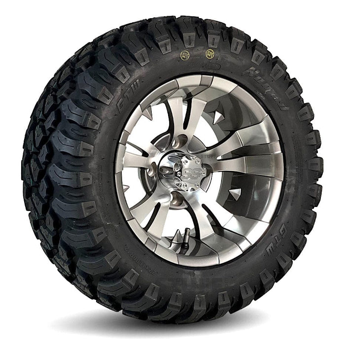 12" Vampire Gunmetal/ Machined Aluminum Golf Cart Wheels and 22x11R-12 GTW Nomad DOT All Terrain Extreme Golf Cart Tires - Set of 4