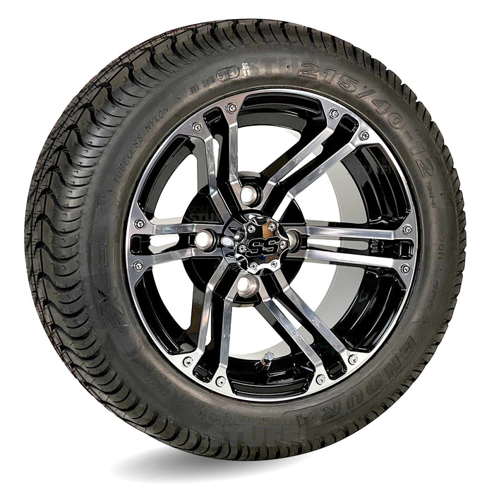 12" Terminator Black and Machined Aluminum Golf Cart Wheels and 215/40-12 Low-Profile Golf Cart Tires Combo - Set of 4