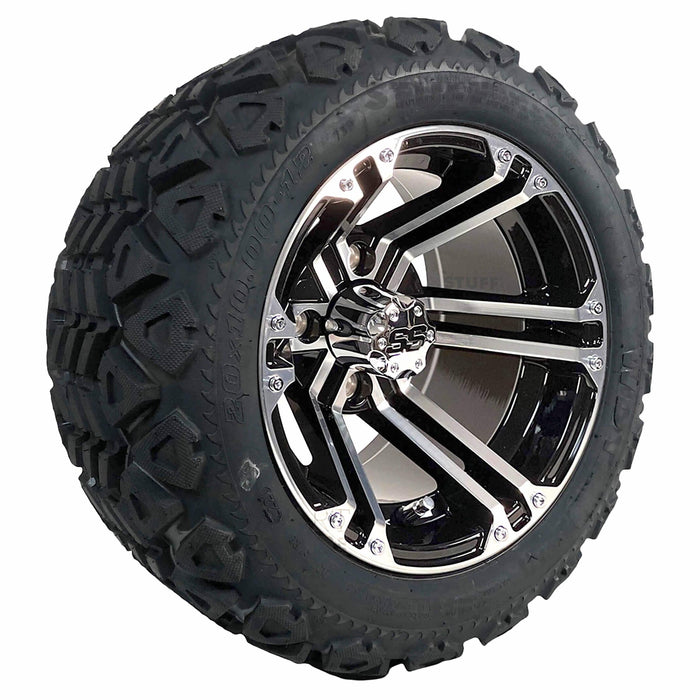 12" Terminator Black/Machined Golf Cart Wheels and All Terrain/Off Road Tires Combo - Set of 4 (18" tall-25" tall)