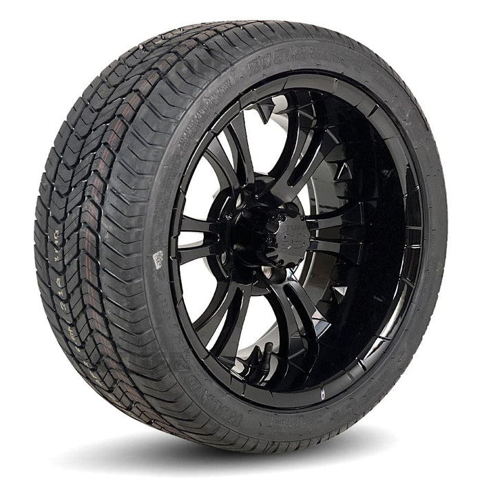 14" Vampire Gloss Black Aluminum Golf Cart Wheels and 205/30-14 Low-Profile DOT Street & Turf Tires Combo - Set of 4 (Select your tire!)