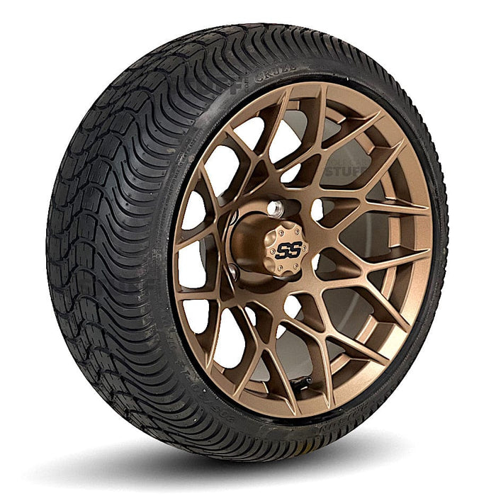 14" Apex Matte Bronze Aluminum Golf Cart Wheels and 205/30-14 Low-Profile DOT Street & Turf Tires Combo - Set of 4 (Select your tire!)