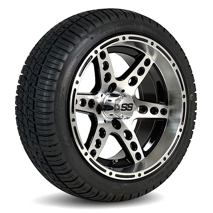 14" Dominator Black/Machined Aluminum Golf Cart Wheels and 205/30-14 Low-Profile DOT Street & Turf Tires Combo - Set of 4