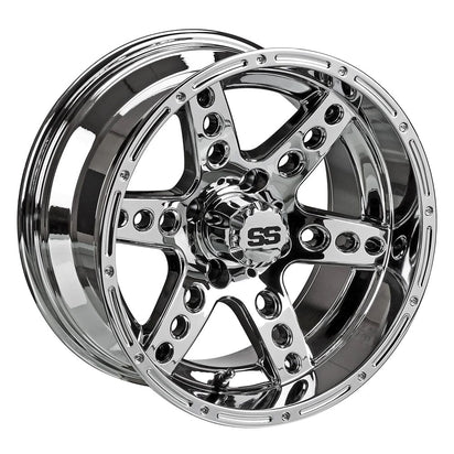 Chrome 14" Dominator and Chaos 14"x7" golf cart wheels.