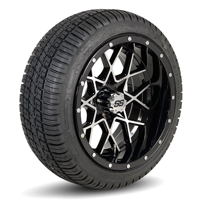 14" Matrix Machined/Black Aluminum Golf Cart Wheels and 205/30-14 Low-Profile DOT Street & Turf Tires Combo - Set of 4