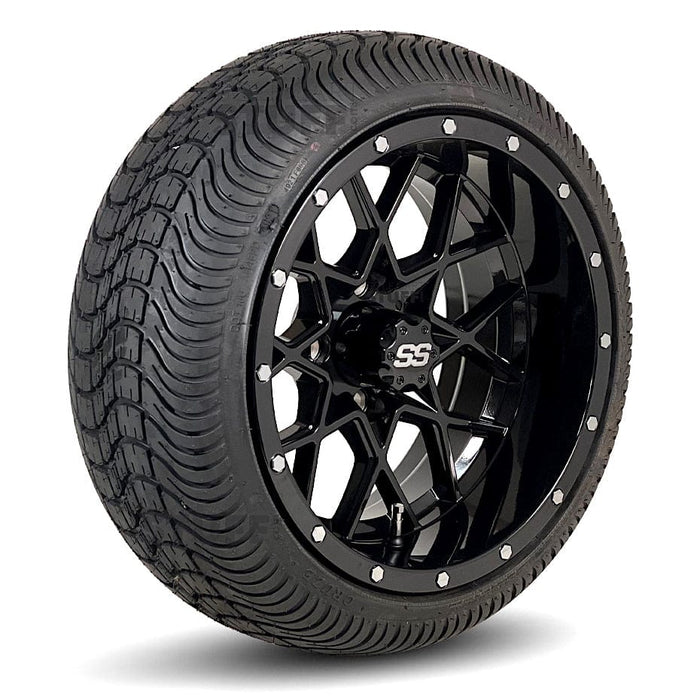 14" Matrix Gloss Black Aluminum Golf Cart Wheels and 205/30-14 Low-Profile DOT Street & Turf Tires Combo - Set of 4 (Choose your tire!)