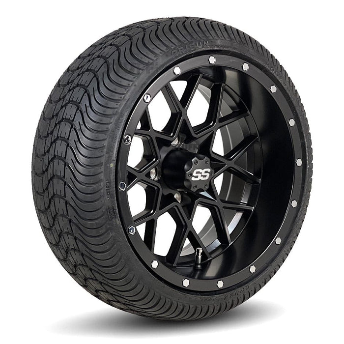 14" Matrix Matte Black Aluminum Golf Cart Wheels and 205/30-14 Low-Profile DOT Street & Turf Tires Combo - Set of 4 (Choose your tire!)