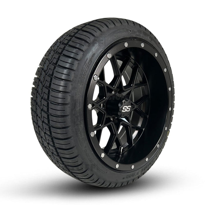14" Matrix Matte Black Aluminum Golf Cart Wheels and 205/30-14 Low-Profile DOT Street & Turf Tires Combo - Set of 4 (Choose your tire!)