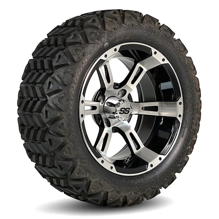 14" Stallion Black/Machined Aluminum Golf Cart Wheels and 23x10-14 DOT All Terrain Off-Road Golf Cart Tires Combo- Set of 4 (Choose your tire!)