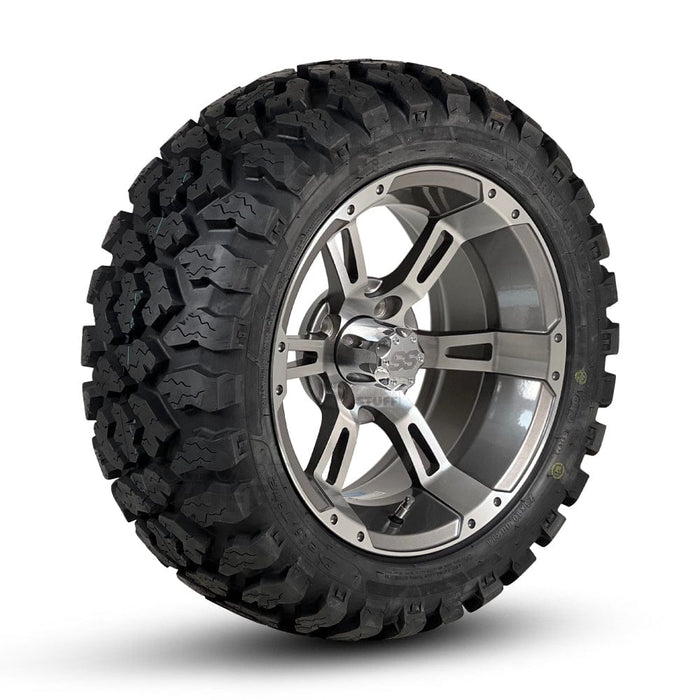 14" Stallion Gunmetal & Machined Aluminum Golf Cart Wheels and 23" All-Terrain/Off Road Trail Tires Combo- Set of 4