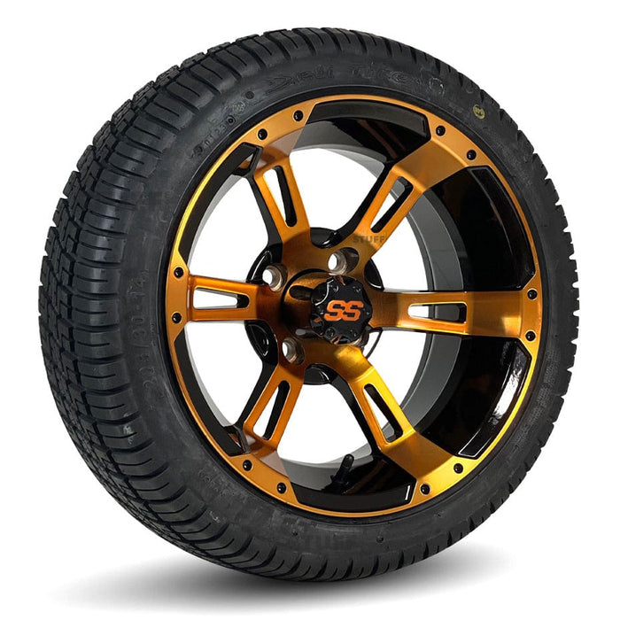 14" Stallion Citrus Orange/Black GCS Colorway Aluminum Golf Cart Wheels and 205/30-14 Low-Profile DOT Street & Turf Tires Combo - Set of 4
