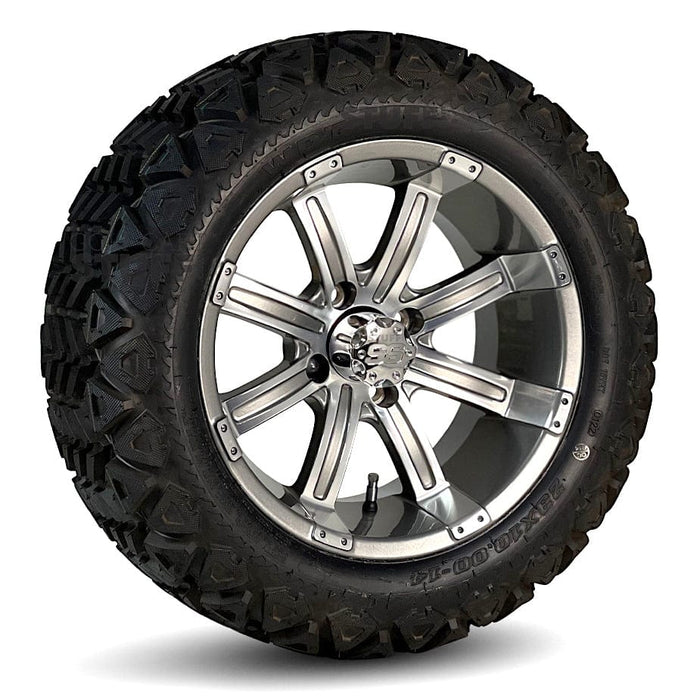 14" Tempest Gunmetal Grey and Machined Aluminum Golf Cart Wheels and 23x10-14 DOT All Terrain Off-Road Golf Cart Tires Combo - Set of 4 (Choose your tire!)