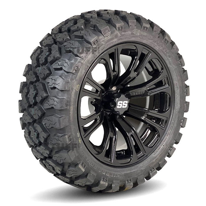 14" Voodoo Gloss Black Golf Cart Wheels and 23" Tall All Terrain/Off-Road Tires Combo- Set of 4