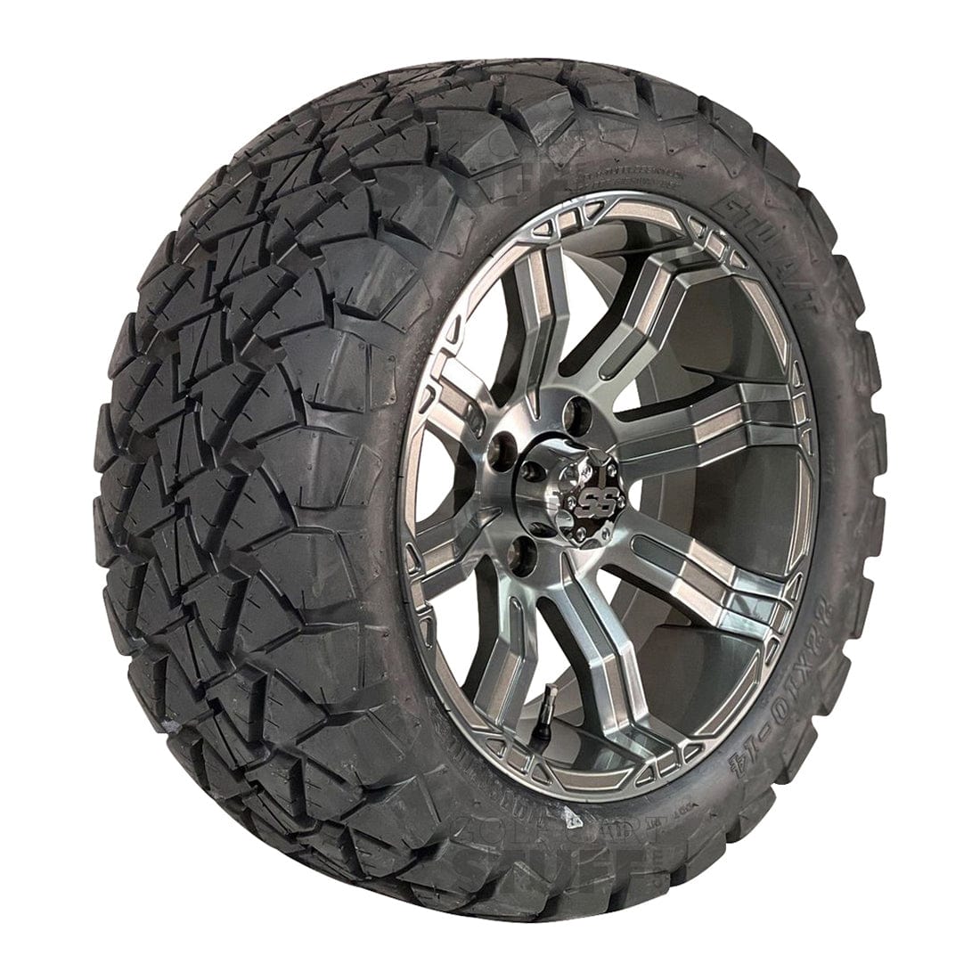 14" Caliber Gunmetal/Machined Aluminum Wheel with GTW Timberwolf Tire- All Terrain Tire Example