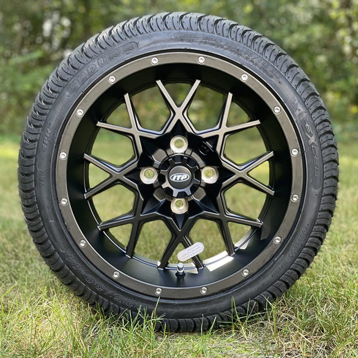 14" Matrix Matte Black Aluminum Golf Cart Wheels and 205/30-14 Low-Profile DOT Street & Turf Tires Combo - Set of 4 (Choose your tire!)