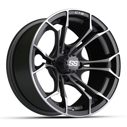 14" GTW Spyder golf cart wheel in gunmetal gray matte finish and machined aluminum.