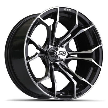 15" golf cart aluminum wheel GTW Spyder in black and machined aluminum finish.